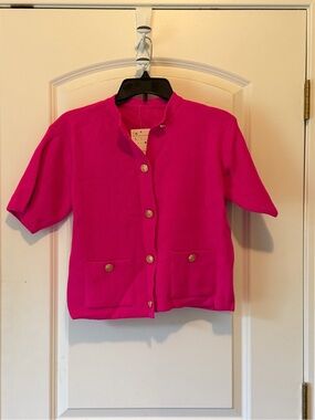 Bright Pink Short-Sleeve Button Cardigan Sweater
